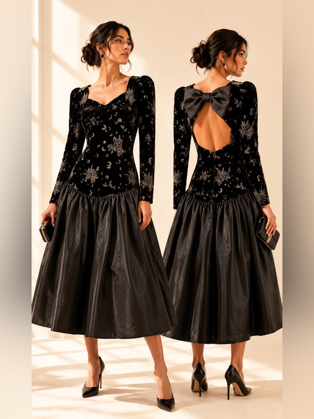 Vintage Celestial Velvet Party Dress Moon Print Big Bow Rare Find Sz 7/8